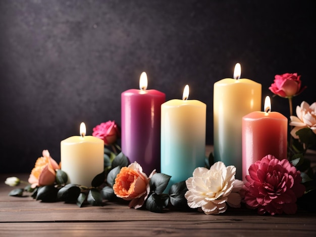 Beautiful colorful candles in row with flowers on wooden table Candle Day