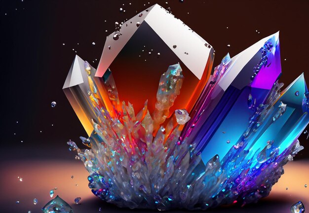 Beautiful colorful crystal with drops of water on a dark background