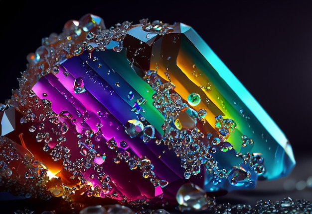 Beautiful colorful crystal with drops of water on a dark background