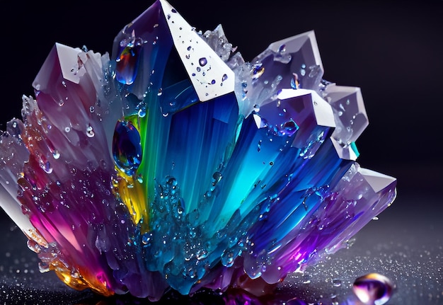 Beautiful colorful crystal with drops of water on a dark background