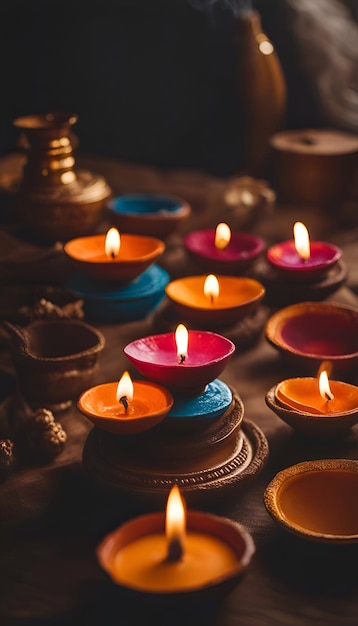 Beautiful colorful diwali diya lamps lit during religious ceremony