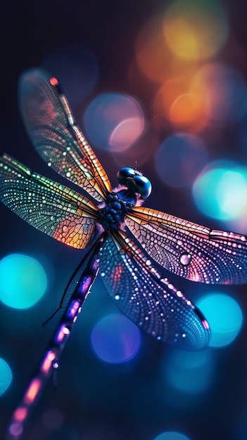 Beautiful colorful dragonfly on rainbow bokeh background Created with Generative AI technology