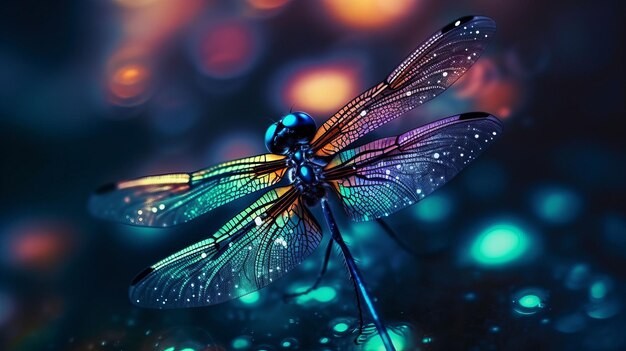 Beautiful colorful dragonfly on rainbow bokeh background Created with Generative AI technology