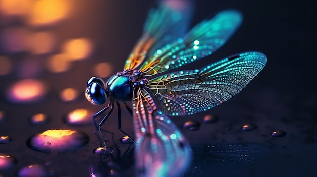 Beautiful colorful dragonfly on rainbow bokeh background Created with Generative AI technology