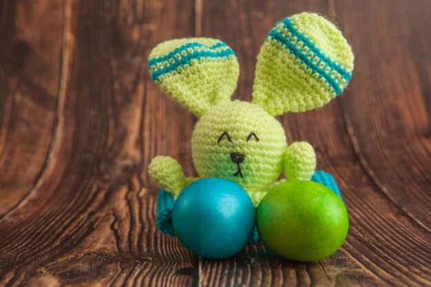 Beautiful colorful easter eggs and bunny toy. 