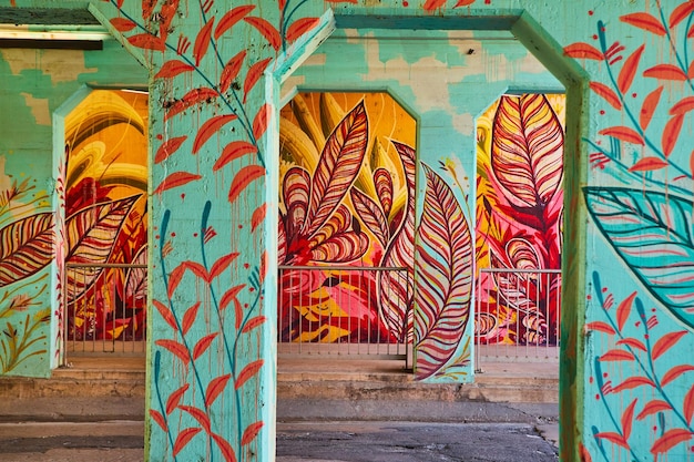 Beautiful and colorful feather graffiti covers cement arches\
under bridge