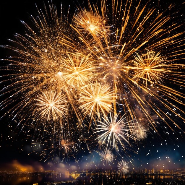 Красивое красочное фейерверковое шоу в ночном небе для празднования счастливого Нового года и копирования пространства