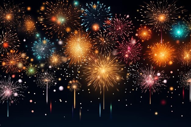 Bellissimo spettacolo di fuochi d'artificio colorato nel cielo di notte per la celebrazione felice festa di capodanno e copia spazio
