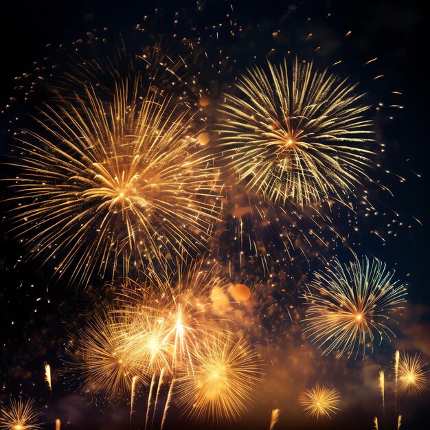 축하 행사를 위해 밤 하늘에 아름다운 다채로운 불꽃놀이 쇼 행복한 새해 파티와 복사 공간