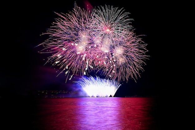 Beautiful colorful fireworks over the water International fireworks competition Brno Czech Republic