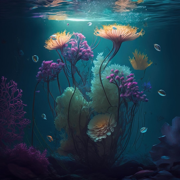 beautiful colorful flowers underwater artistic close up view of flowers generative ai