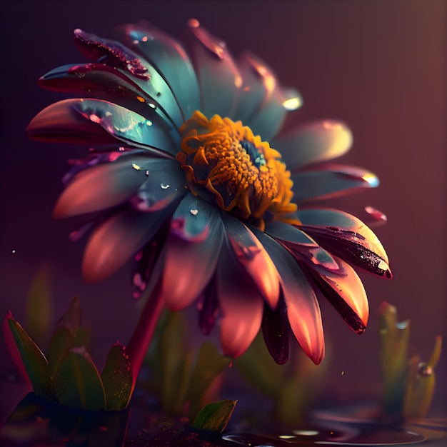 Красивый красочный цветок герберы с каплями росы на темном фоне