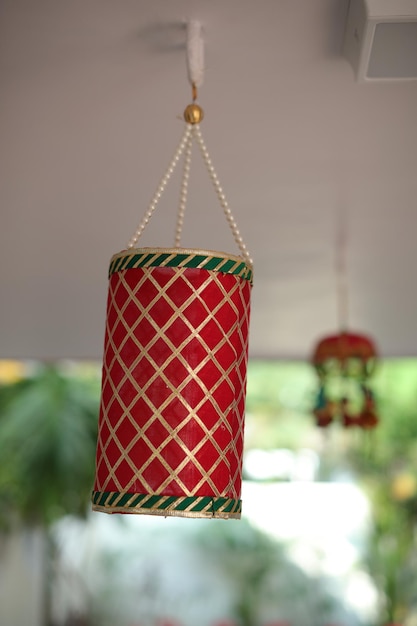 Beautiful colorful handmade wind chimes for Haldi and mehndi decoration...selective focus.