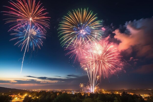 Beautiful colorful holiday fireworks in the evening sky with majestic clouds long exposure