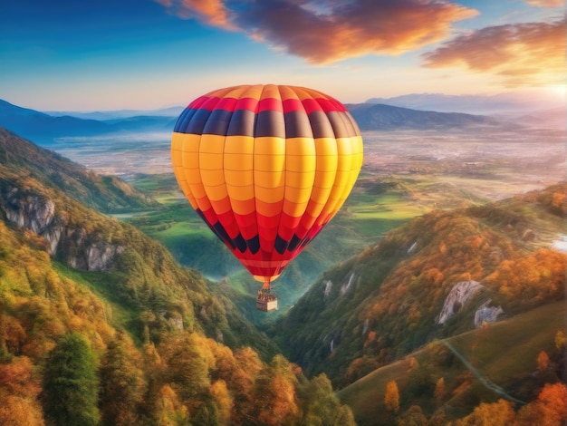 Beautiful colorful hot air balloon flying over mountain