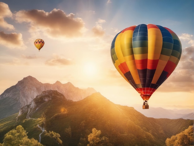 山の上を飛ぶ美しいカラフルな熱気球