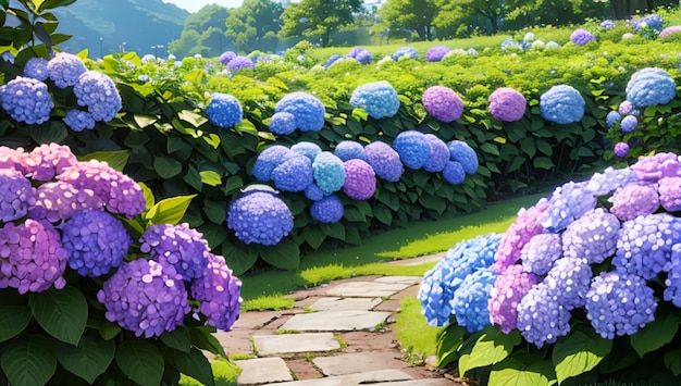 Красивый красочный сад гортензий, используемый в качестве обоев для рабочего стола