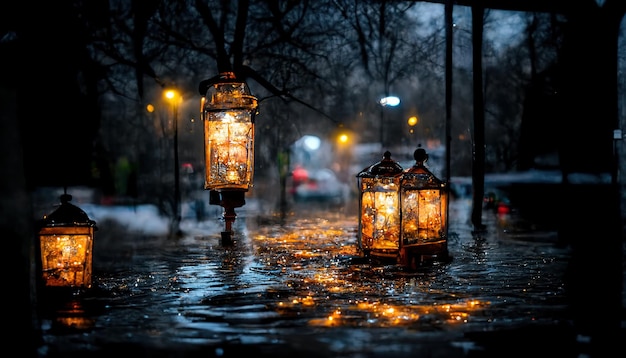 Beautiful colorful illuminated lantern on frozen puddle The lamp is beautifully reflected in the mirror surface Cloudy sky