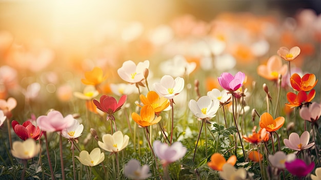 Bellissimo paesaggio colorato pieno di fiori per l'arrivo della primavera ia generativa