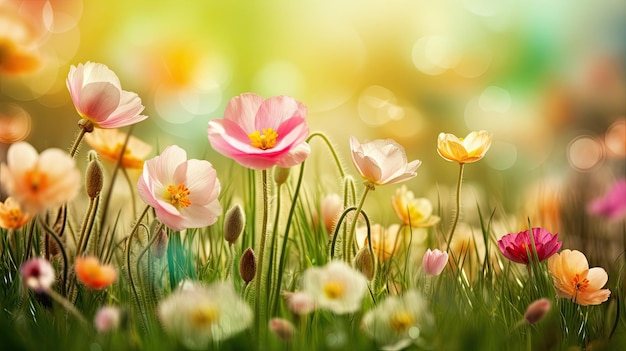 春の訪れを告げる、花々が咲き誇る美しい色とりどりの風景 ジェネレーティブ AI