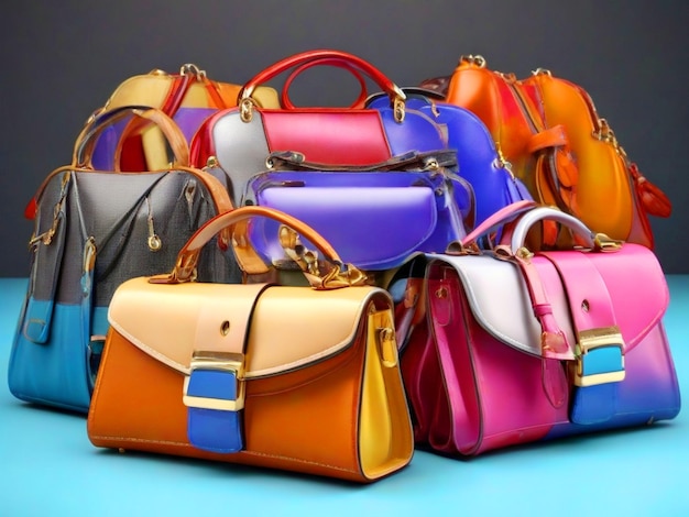 Beautiful colorful leather bag in the store