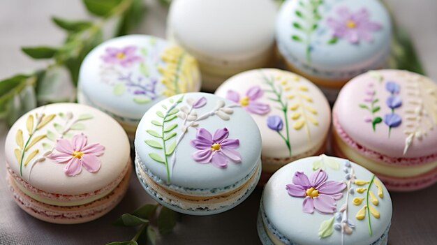 Beautiful colorful macarons or macaroons cookie with flower print tasty dessert food background