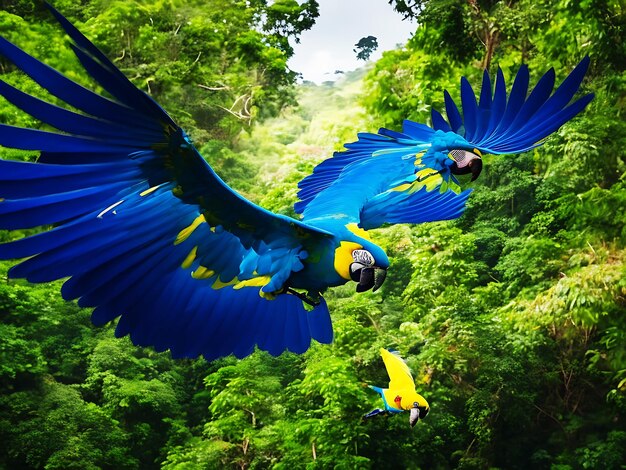 Photo beautiful colorful macaw bird flying in forest ai generated