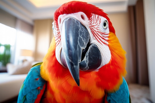 Красивый красочный папугая ара в гостиной