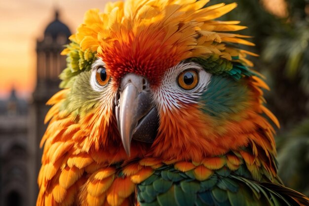 Beautiful colorful macaw parrot at sunset