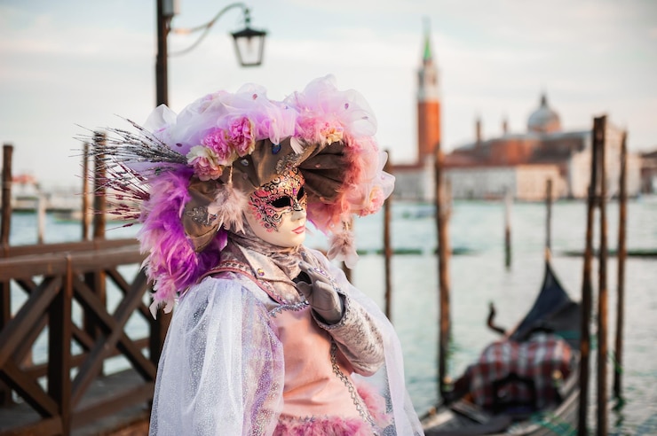 Photo beautiful colorful masks at traditional venice carnival in venice italy