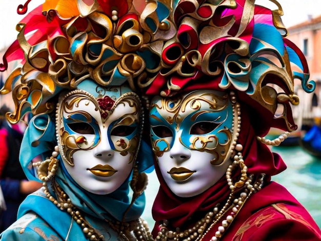 beautiful colorful masks at traditional venice carnival in venice italy