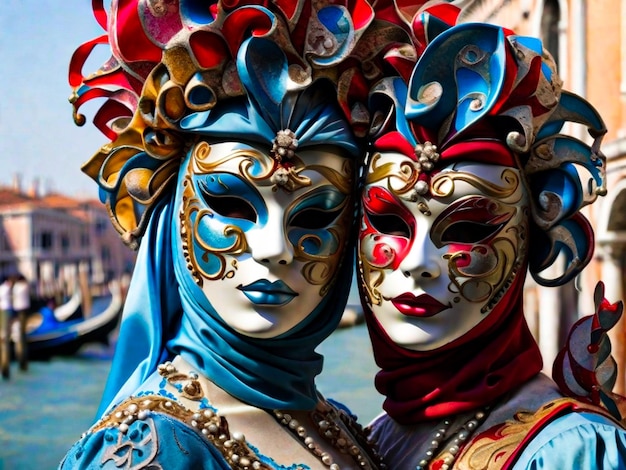 beautiful colorful masks at traditional venice carnival in venice italy