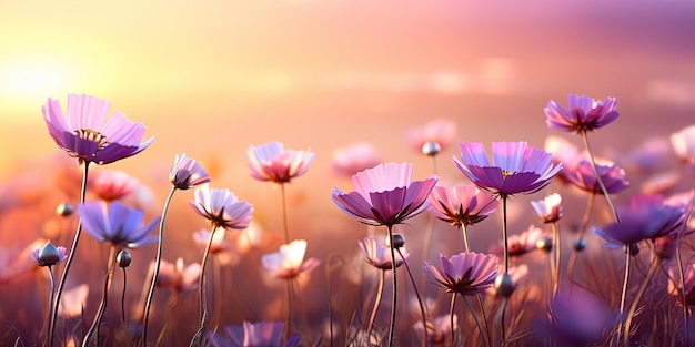 Beautiful colorful meadow of wild flowers floral background landscape with purple pink flowers with sunset and blurred background Soft pastel Magical nature copy space