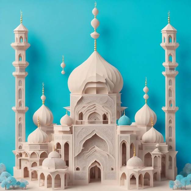 Beautiful colorful mosque in paper art style Generative AI