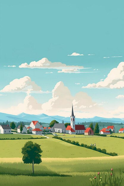 beautiful colorful nature farmhouse illustration