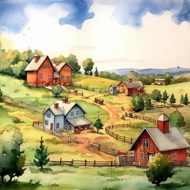 Photo beautiful colorful nature farmhouse illustration