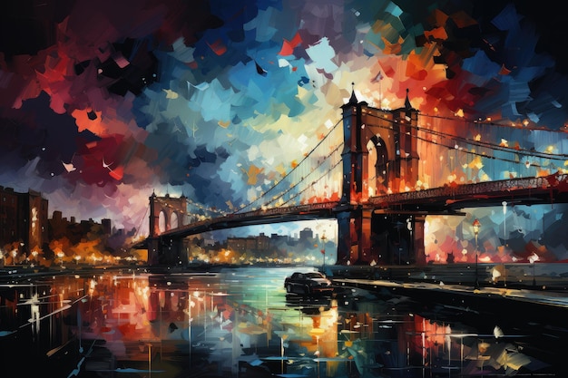 Beautiful colorful night New York. Brooklyn Bridge, watercolor. Urban landscape. Generative AI