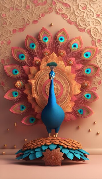 マンダラに囲まれた美しいカラフルな孔雀 インドのディワリ祭がエレガントなスーパーHDに見える