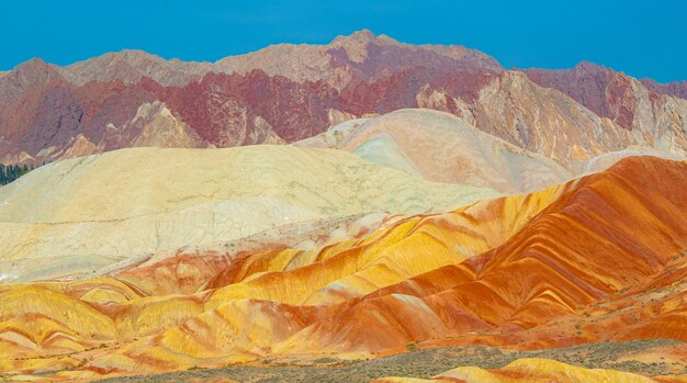 The beautiful colorful rocks in zhangye danxia geopark of china during the sunset panorama with blue sky and copy space for text