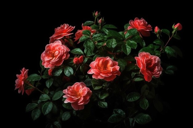 Beautiful colorful roses blooming in the garden on black background