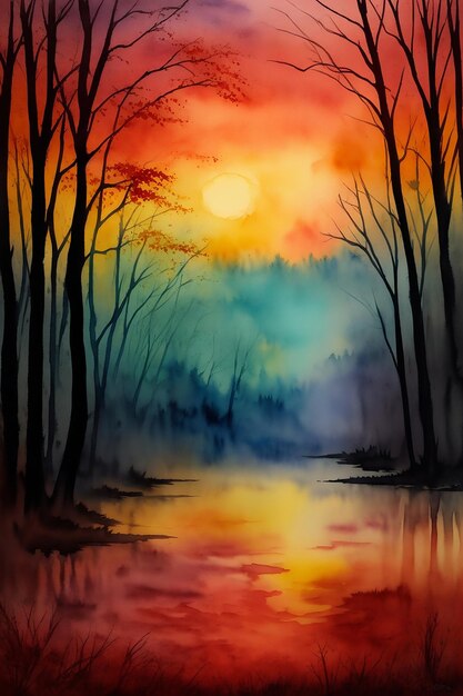 Photo beautiful colorful scenery of forest during sunset watercolor painting illustration