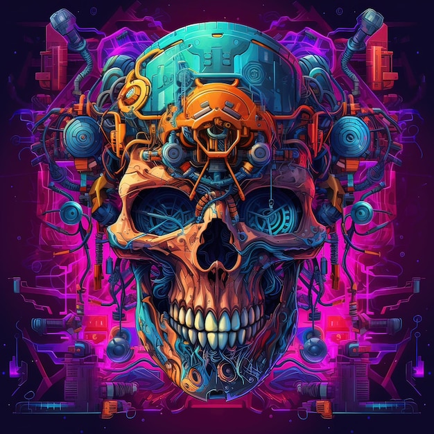 A beautiful colorful skull with a technology design with cyberpunk style