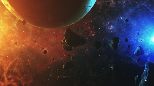 A beautiful colorful space with asteroids with sounds and a planet