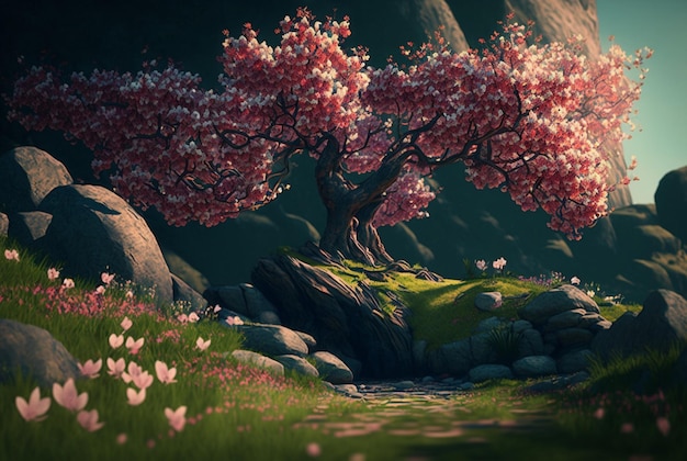 Beautiful colorful spring landscape background generative ai