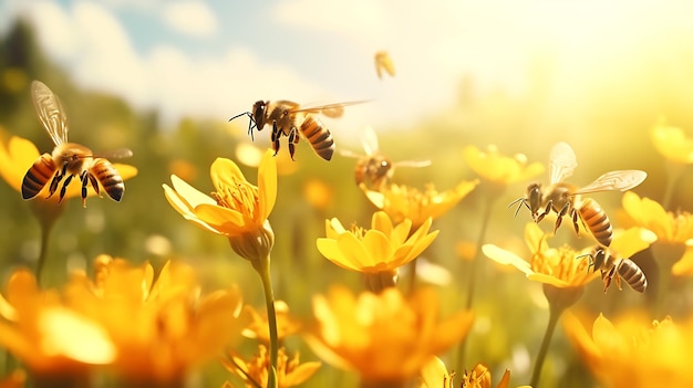 美しいカラフルな夏春の自然の花の背景 明るい晴れた日に働くミツバチ
