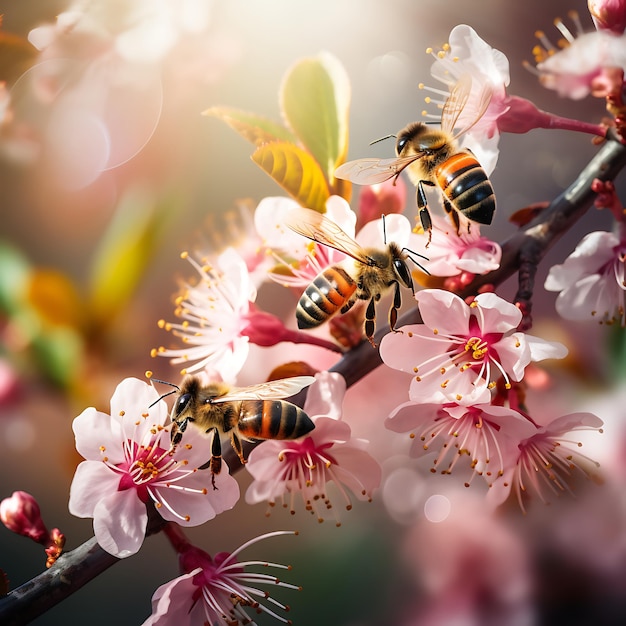 Красивый красочный летний весенний натуральный цветочный фон Пчелы работают в яркий солнечный день