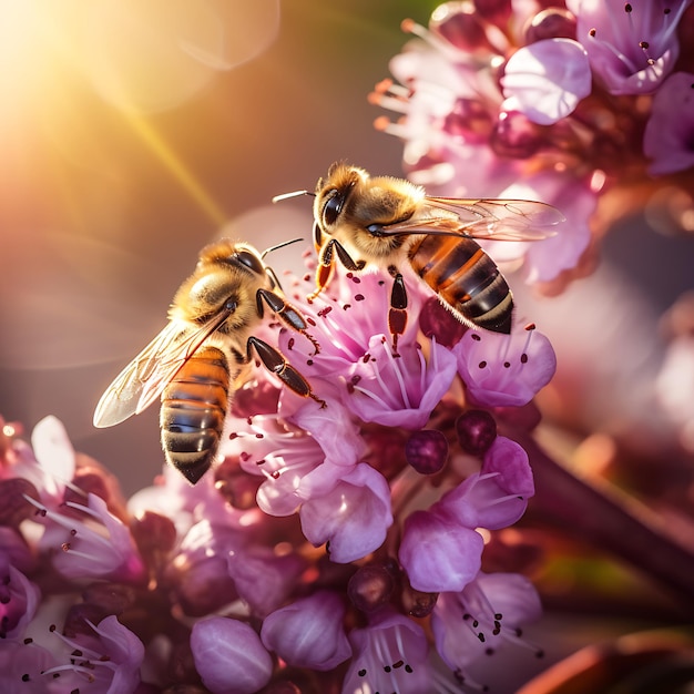 美しいカラフルな夏春の自然の花の背景 明るい晴れた日に働くミツバチ