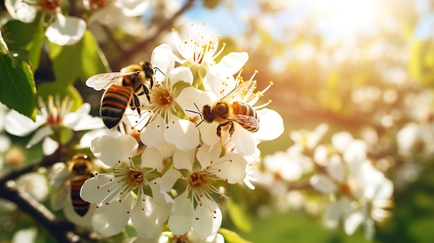 Beautiful colorful summer spring natural flower background Bees working on a bright sunny day