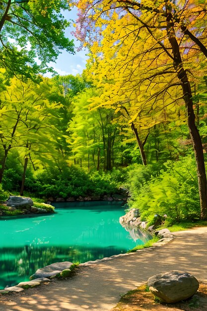 緑の葉っぱに囲まれた公園の湖の美しいカラフルな夏の春の自然風景