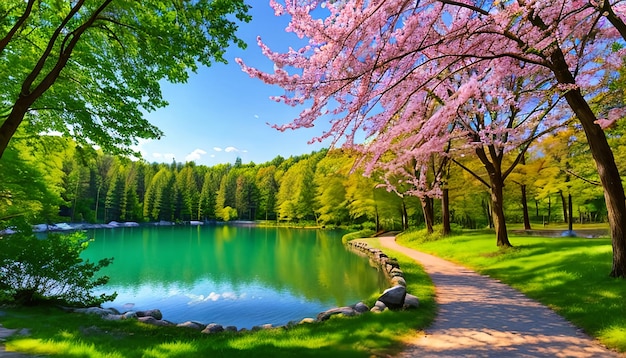 緑の葉っぱに囲まれた公園の湖の美しいカラフルな夏の春の自然風景